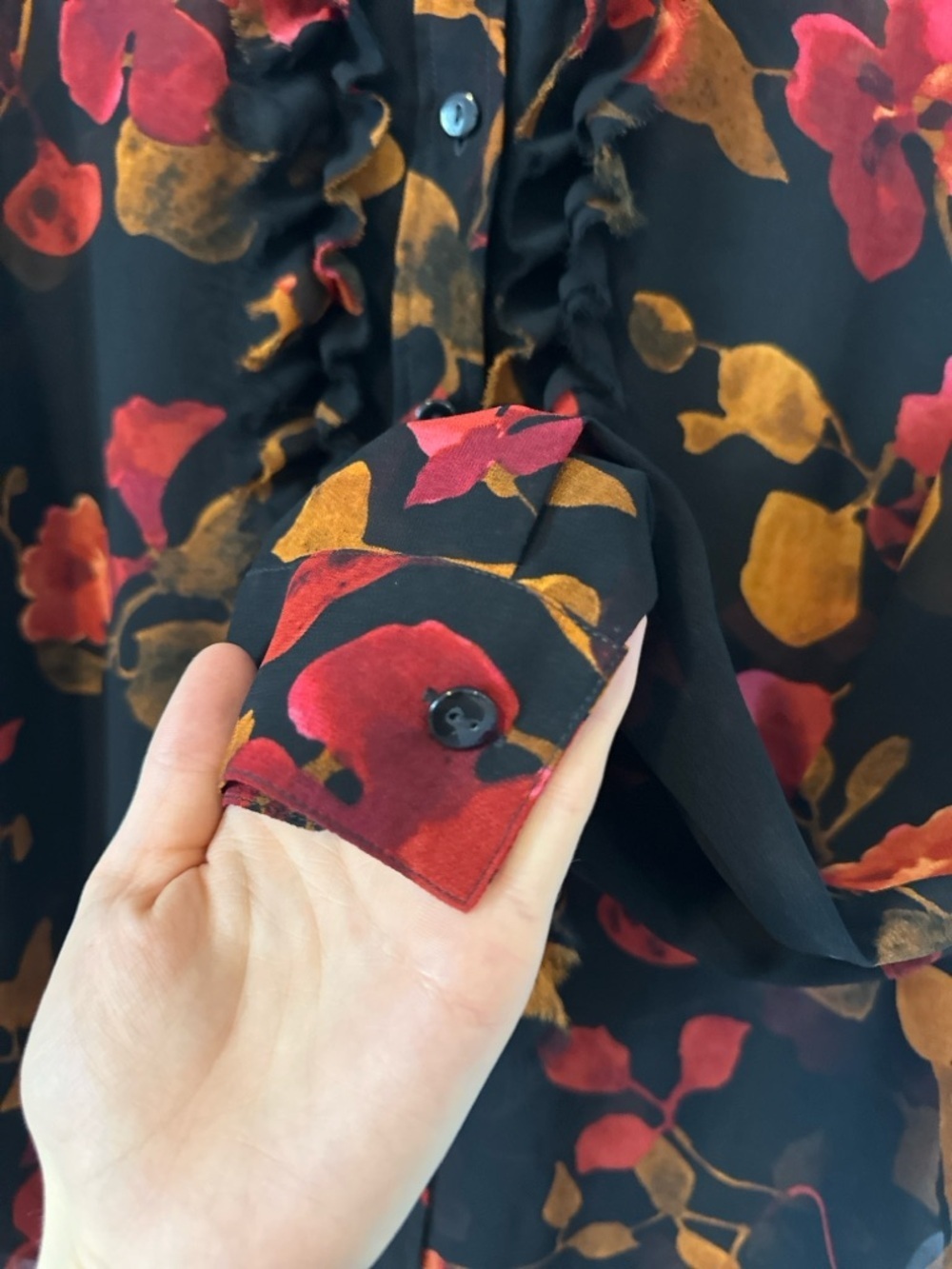 Gabi Sheer Floral Blouse Black Red Gold Ruffle Button Down Top Y2K Fall - Picture 6 of 15